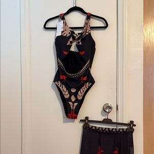 Commense Black and Red Patterned One Piece Swimsuit and Cover Up Skirt